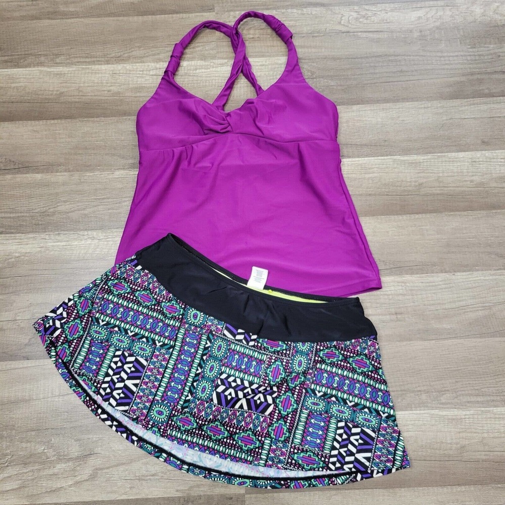 prAna Size Small Tankini Top Skort Bikini Set Swim Geometric Purple